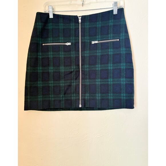 Madewell Black Watch Plaid Zip Front Mini Skirt Size 6 Wool Blend - Picture 2 of 6
